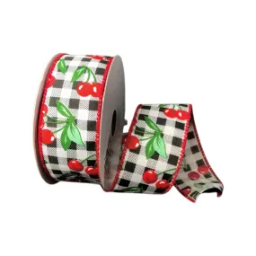 1.5" Cherry Print Polyester Ribbon: Blk/Wht Check- 10Yd