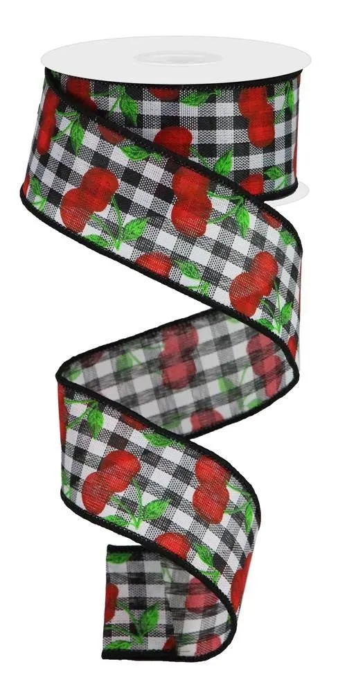 1.5" Cherry Print Ribbon: Blk/Wht Gingham - 10yds