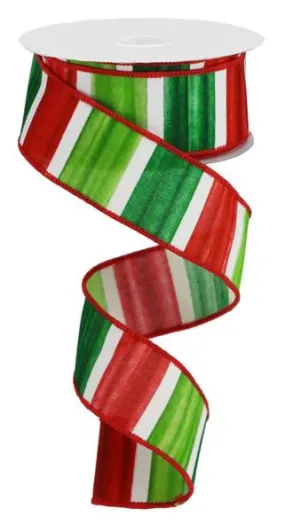 1.5" Christmas Watercolor Stripe Ribbon: Red/Lime/Emer/Wht - 10yds