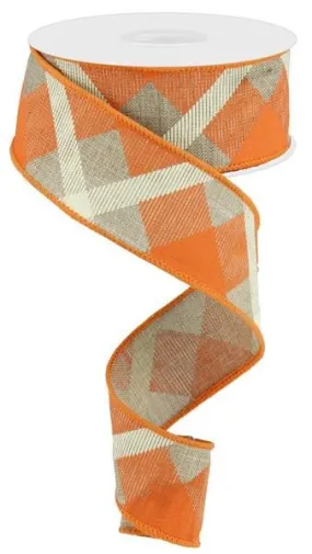 1.5" Diagonal Plaid Ribbon: Beige/Orange/Cream - 10yds