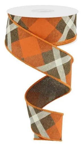 1.5" Diagonal Plaid Ribbon: Brown/Orange/Cream - 10yds