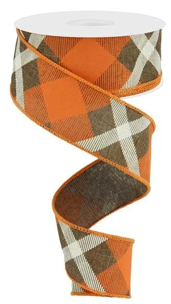 1.5" Diagonal Plaid Ribbon: Brown/Orange/Cream - 10yds