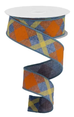 1.5" Diagonal Plaid Ribbon: Denim/Orange/Mustard - 10yds