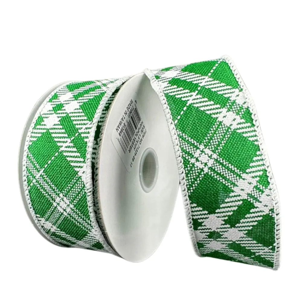 1.5" Diagonal Plaid Ribbon: Emerald Green/White - 10yds