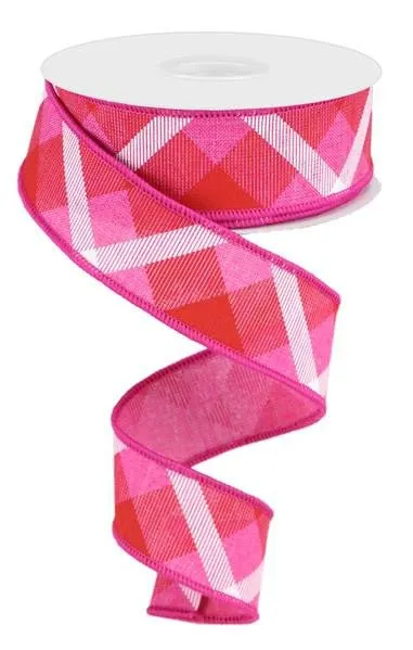 1.5" Diagonal Plaid Ribbon: Fuchsia/Red/White - 10yds