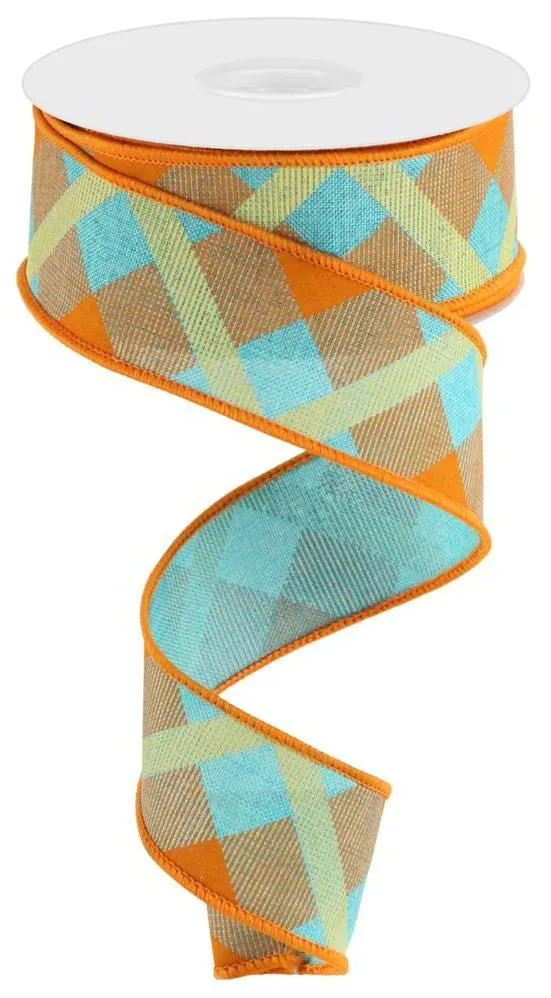 1.5" Diagonal Plaid Ribbon: Lt Teal/Orange/Mustard - 10yds