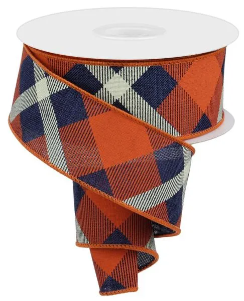 1.5" Diagonal Plaid Ribbon: Navy Blue/Orange/Cream - 10yds