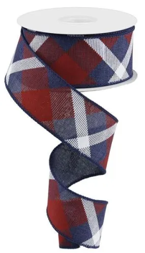 1.5" Diagonal Plaid Ribbon: Navy Blue/Red/Wht - 10yds