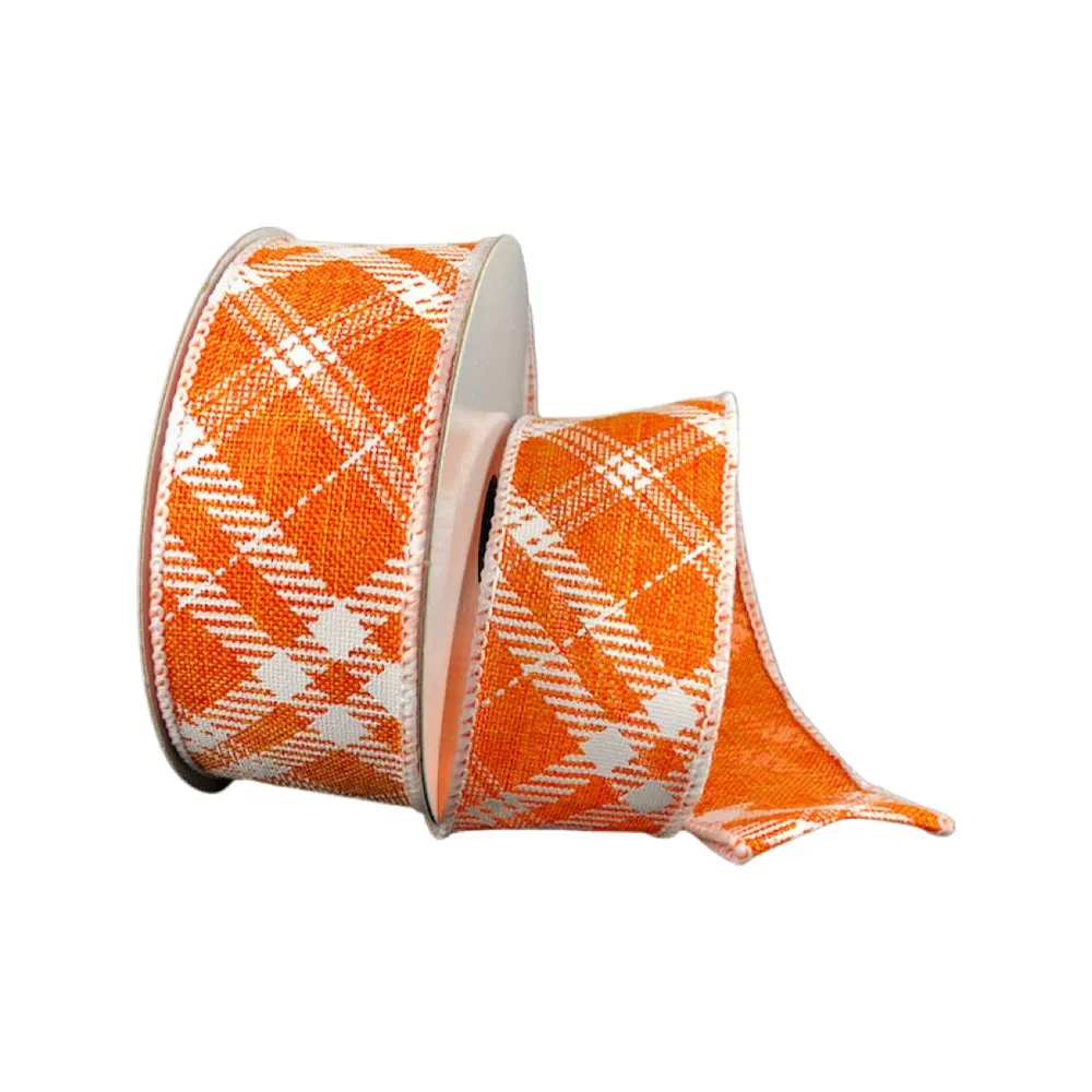 1.5" Diagonal Plaid Ribbon: Orange/White - 10yds