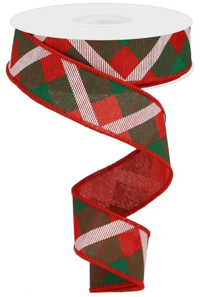 1.5" Diagonal Plaid Ribbon: Red/Emerald/White- 10yds