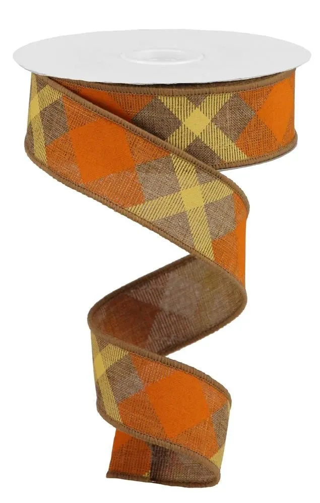 1.5" Diagonal Plaid Ribbon: Tan/Orange/Mustard - 10yds