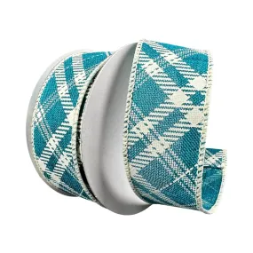 1.5" Diagonal Plaid Ribbon: Teal/Cream - 10yds