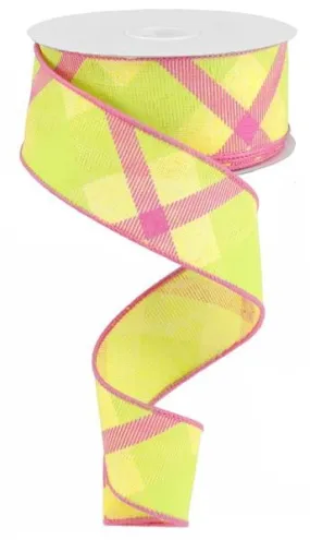 1.5" Diagonal Plaid Ribbon: Yellow/Lime/Hot Pink- 10yds