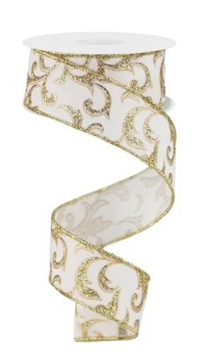 1.5" Glitter Acanthus Leaf Ribbon: Ivory/Gold