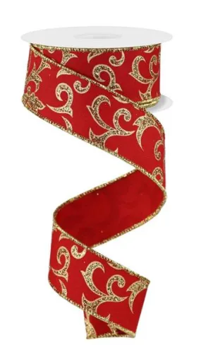 1.5" Glitter Acanthus Leaf Ribbon: Red/Gold