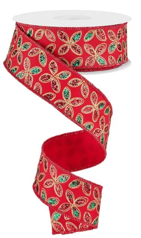 1.5" Glitter Quatrefoil Petal Ribbon: Red/Emerald/Gold