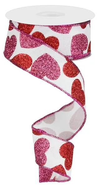 1.5" Glittered Heart Ribbon: White/Pink/Red - 10yds