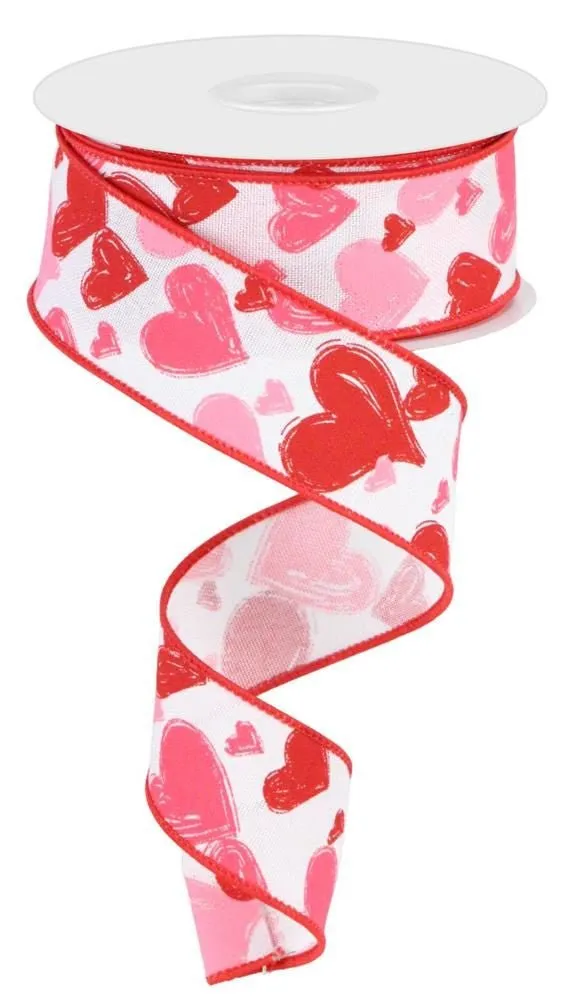 1.5" Hand Drawn Heart Ribbon - Wht/Pink/Red (10yd)