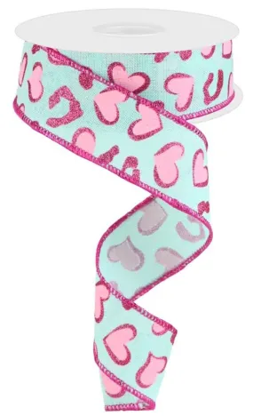 1.5" Hearts/Leopard Spots Ribbon - Mint/Pink (10yd)