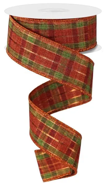 1.5" Moss/Orange/Copper Metallic Plaid Ribbon  - 10Yds