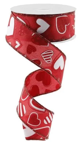 1.5" Patterned Hearts Ribbon: Red/Wht - 10yds