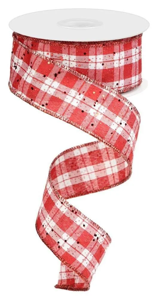 1.5" Red/Wht Plaid Ribbon w/Hex Glitter