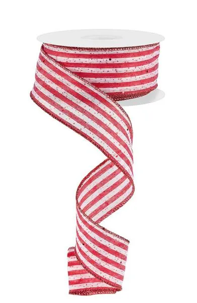 1.5" Red/Wht Woven Stripe Ribbon w/Hex Glitter