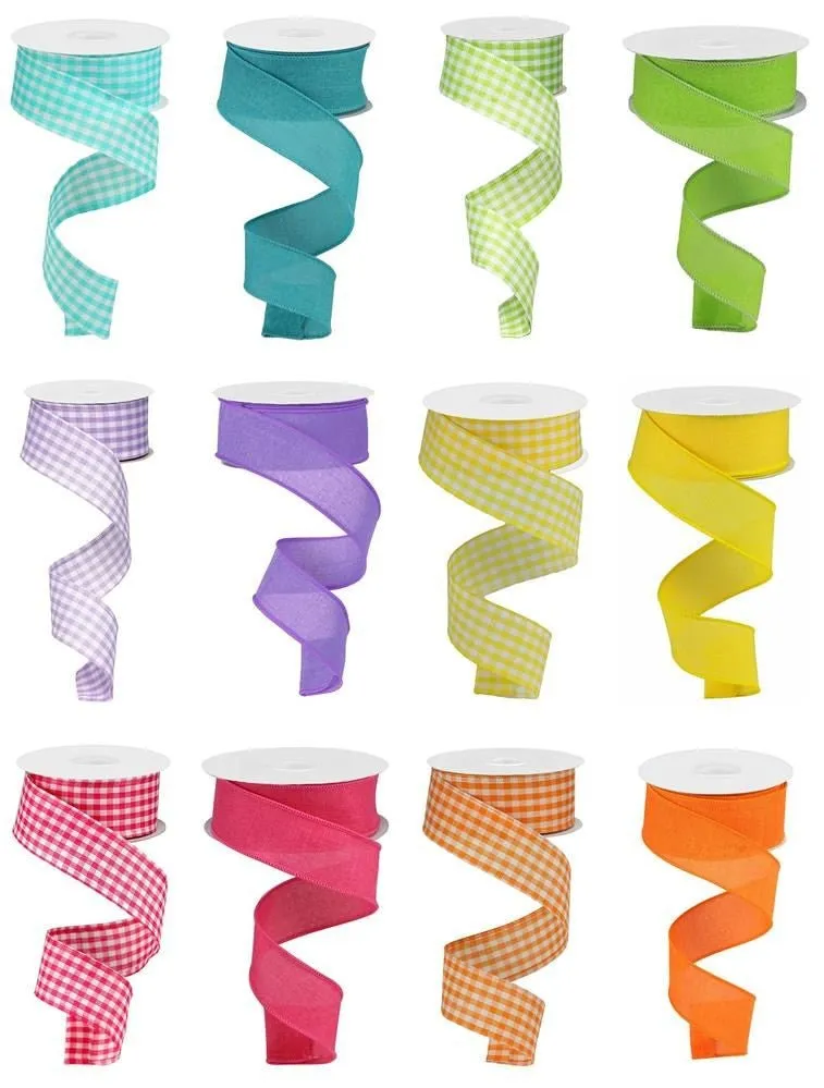 1.5" Spring Solid/Gingham Ribbon, Box of 12