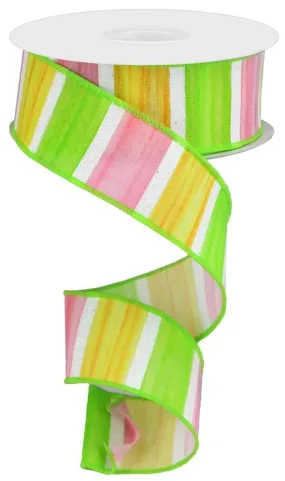 1.5" Spring Watercolor Stripe Ribbon: Pink/Yllw/Grn/Wht - 10yds