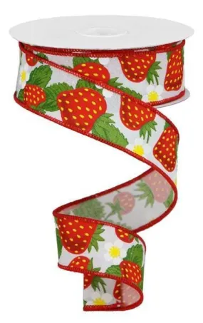 1.5" Strawberry Print Ribbon: White - 10yds