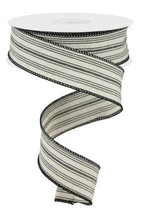 1.5" Ticking Stripe Ribbon: Black/Beige - 10yds