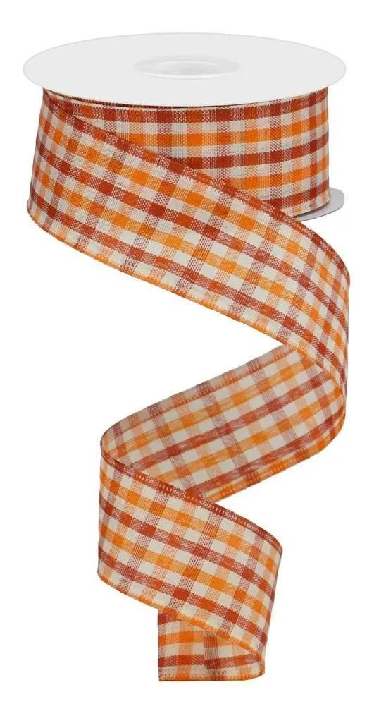 1.5" Woven Gingham Check Ribbon: Orng/Rust/Ivory 10Yds