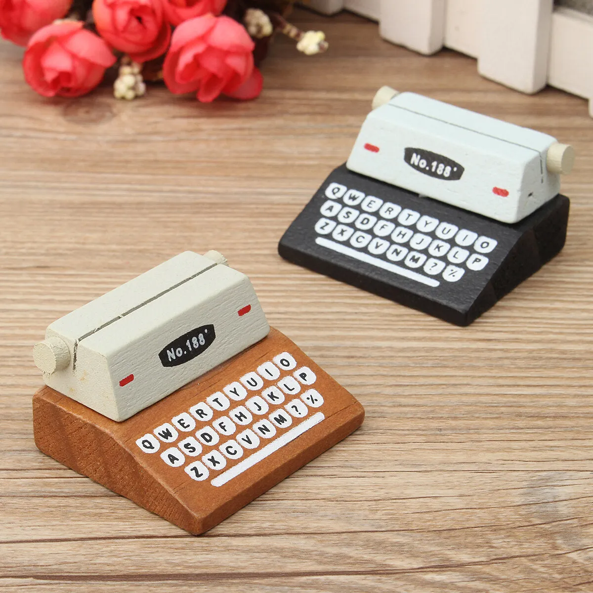 1Pcs Mini Retro Typewriter Desktop Figurines Wooden Message Note Clip Pictures Photo Holder