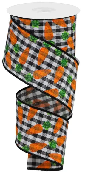 2.5" Carrots on Gingham Ribbon: Blk/Wht - 10yds