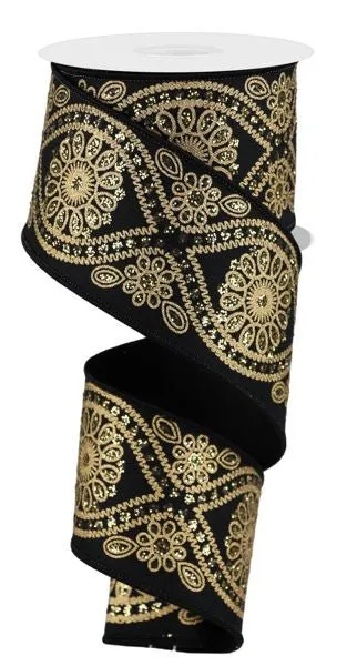 2.5" Deluxe Wavy Floral Ribbon: Black/Gold