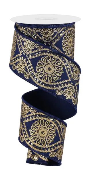 2.5" Deluxe Wavy Floral Ribbon: Navy/Gold