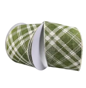 2.5" Diagonal Plaid Ribbon: Moss Green/Cream - 10yds