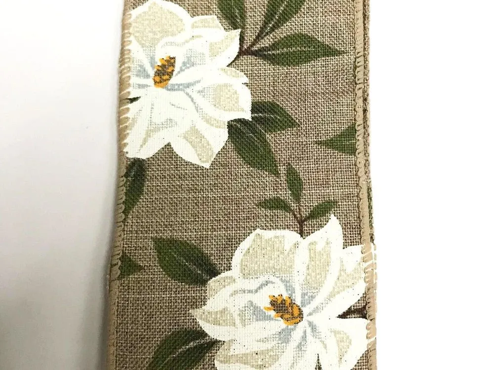 2.5" Linen Magnolia Print Ribbon (10 Yds)