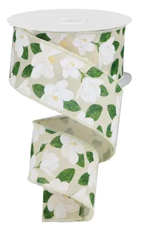 2.5" Magnolia Print Ribbon: Cream (10 Yds)