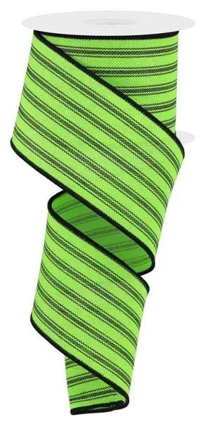 2.5" Ticking Stripe Ribbon: Fresh Green/Black - 10yds