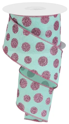 2.5" x 10yd Glitter Polka Dot Ribbon: Mint Green/Pink