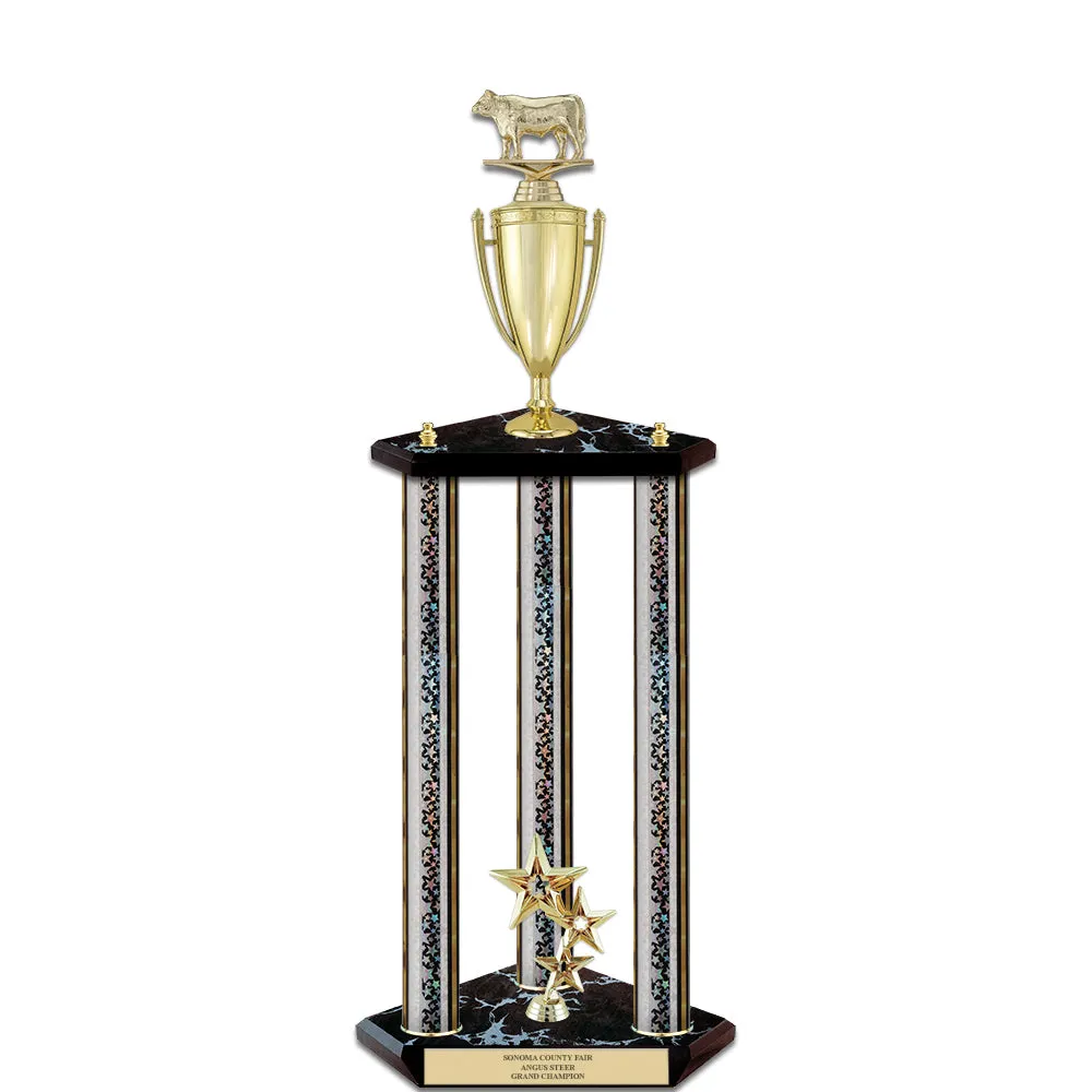 26" Custom 3 Column Black Base Award Trophy With Loving Cup & Figurine