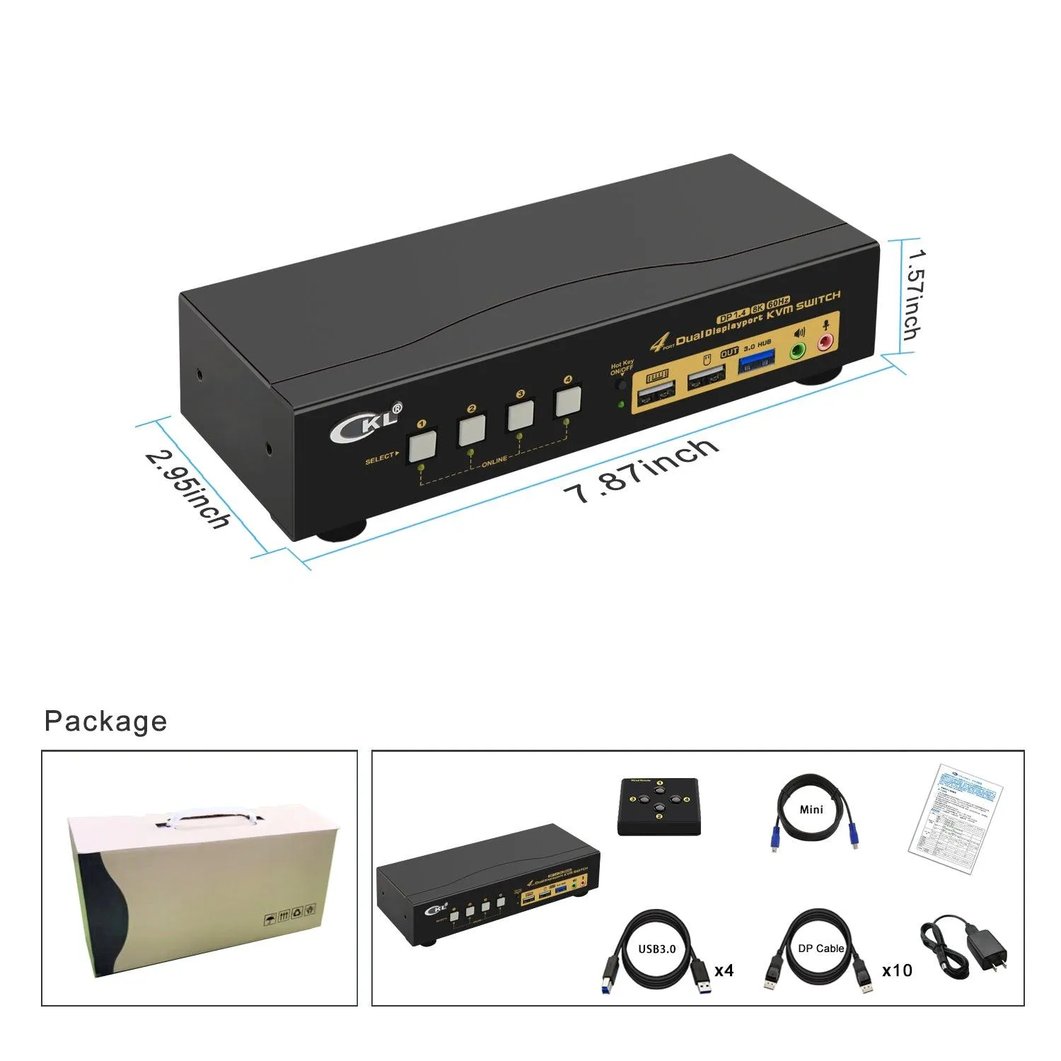 4 Port USB 3.0 KVM Switch Dual Monitor DisplayPort 1.4 8K@30Hz 4K@144Hz for 4 Computers 2 Monitors CKL-642DP-4