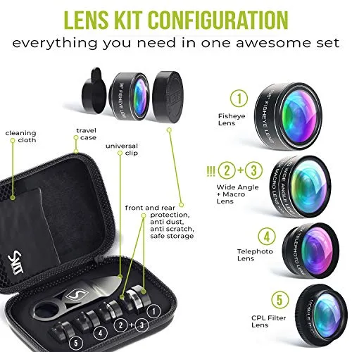 5 in 1 Phone Camera Lens Kit - Optical Glass Attachment Set - 2X Zoom Telephoto, 198 Fisheye, 0.63X Wide Angle, 15X Macro, CPL Filter with Universal Clip Adapter for Cell Phones and Tablets (Black)