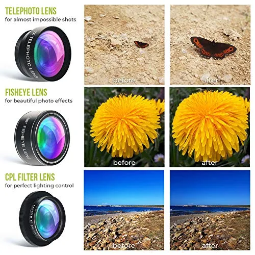 5 in 1 Phone Camera Lens Kit - Optical Glass Attachment Set - 2X Zoom Telephoto, 198 Fisheye, 0.63X Wide Angle, 15X Macro, CPL Filter with Universal Clip Adapter for Cell Phones and Tablets (Black)