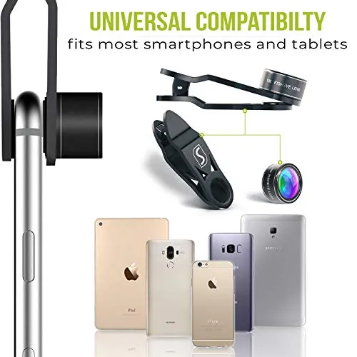 5 in 1 Phone Camera Lens Kit - Optical Glass Attachment Set - 2X Zoom Telephoto, 198 Fisheye, 0.63X Wide Angle, 15X Macro, CPL Filter with Universal Clip Adapter for Cell Phones and Tablets (Black)