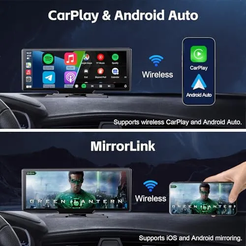 9 inch Wireless Apple CarPlay Screen for Car & 4K Dash Cam with Android Auto.Portable Car Stereo with Backup Camera & Touchscreen Display.Dash Mout Car Play Box.GPS Navigation, Bluetooth