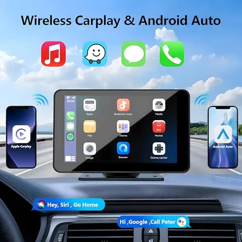 Apple Carplay Screen for Car, 7" HD Portable Car Stereo Touch Screen with Wireless Android Auto, Backup Camera, Car Audio Receivers with Voice Control, Mirror Link, Bluetooth, GPS Navigation