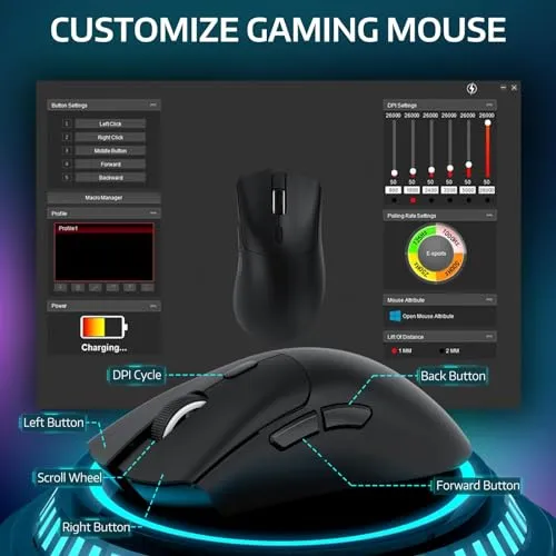 ATTACK SHARK R1 Wireless Gaming Mouse,Tri-Mode Connection (2.4G/Wired/BT5.2),55g Lightweight,18K DPI Optical Sensor,HUYU 20 Million Key Life,Ergonomic Design,for PC/Laptop/Win/Mac(Black)