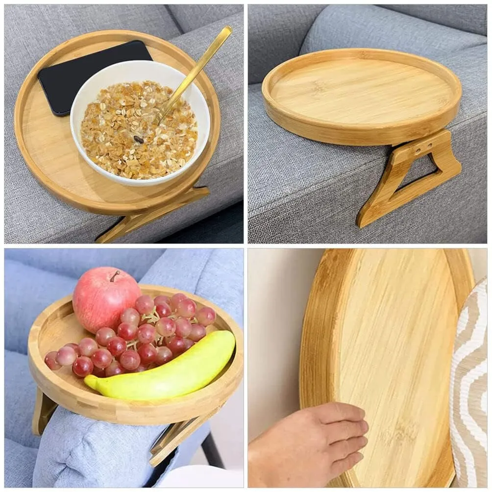 Bamboo Sofa Armrest Clip-On Tray | Ideal for Remote/Drinks/Phone (Round Shape)